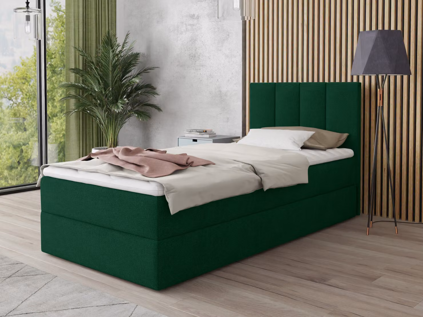 Letto boxspring Star Mini con contenitore, materasso Bonell e coprimaterasso - Letto singolo con coprimaterasso, letto imbottito, letto, camera da letto, camera per ragazzi (verde (Kronos 19), 80 x 200 cm)