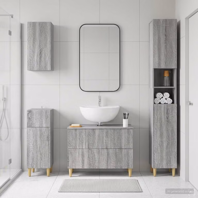 Set di mobili da bagno moderno vidaXL DELFT in legno grigio, composto da 4 pezzi con mobile lavabo e pensili a parete