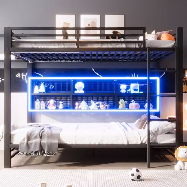 Letto a castello 140x200 in metallo nero con 6 armadietti e luce LED