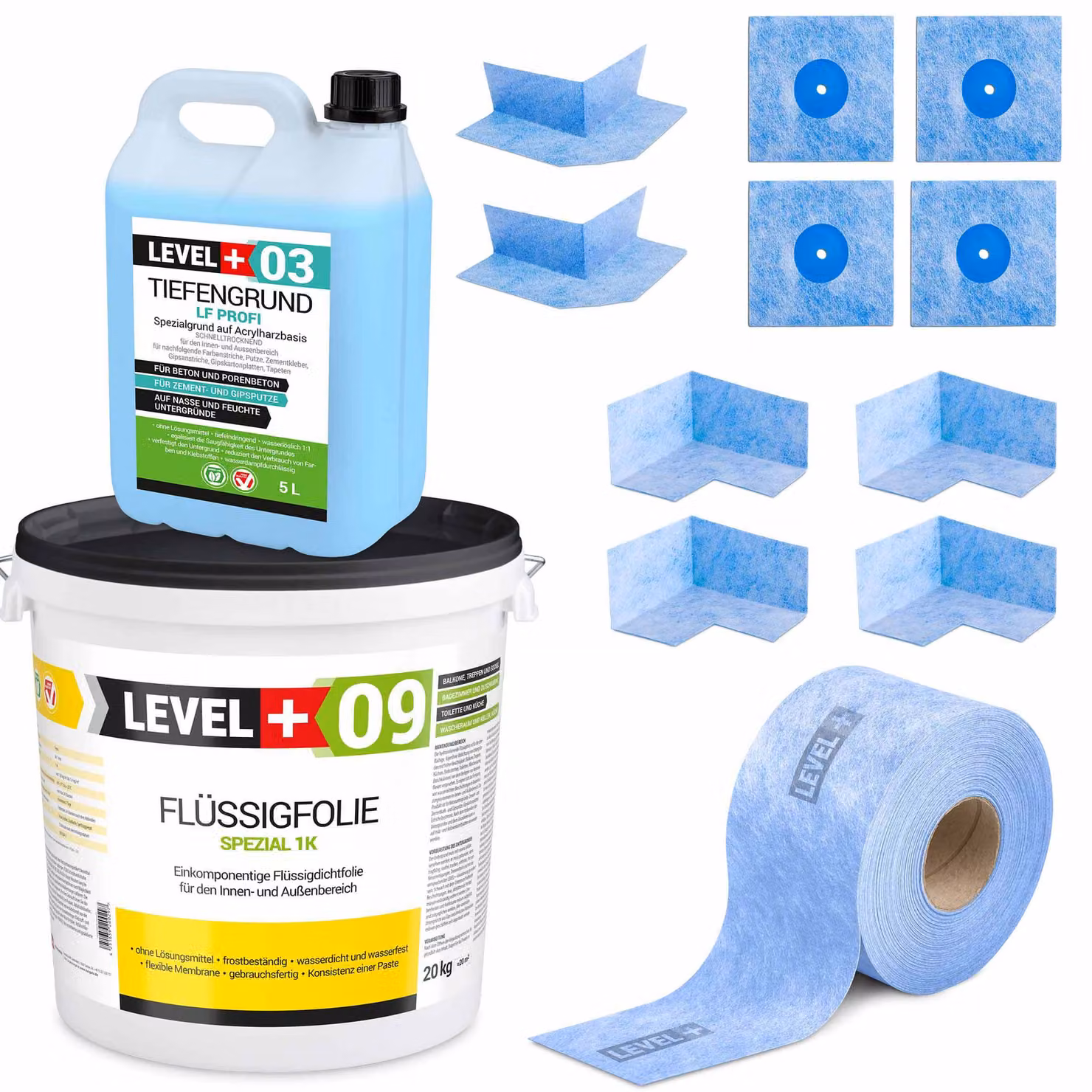 Kit di impermeabilizzazione Foglio liquido 20 kg Nastro sigillante 20 mb Primer Bagno doccia Level+ SET69