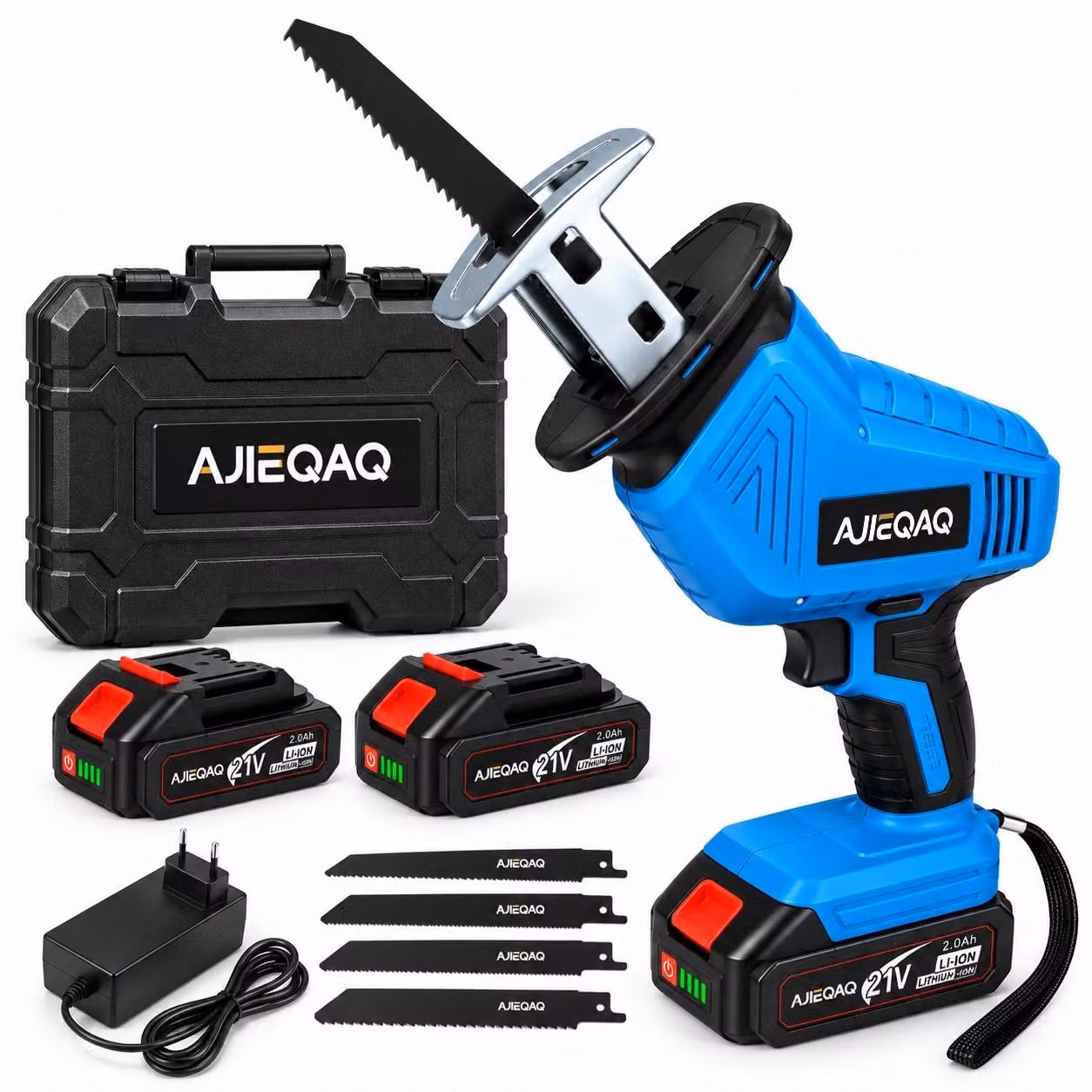 Sega a gattuccio a batteria 21V, 0–3000 corse/min, corsa 13 mm, 2×2,0Ah batterie, LED, 4 lame, valigetta