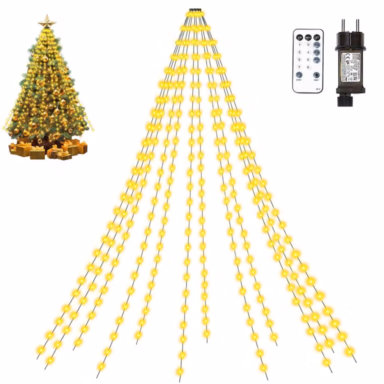 Catena luminosa a LED, 2 metri, 300 LED bianco caldo, 12 fili, con timer e telecomando