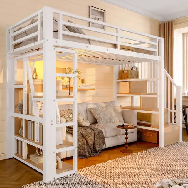 Letto a soppalco 254.0x95.5x160.0 cm con scala contenitore e LED in metallo e MDF bianco
