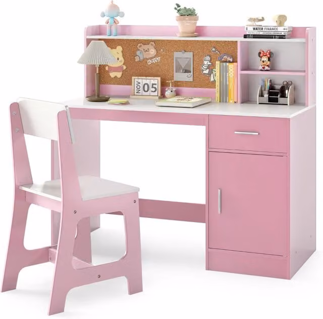 Set scrivania e sedia per bambini con mensole e cassetto, design moderno in rosa e bianco per camera da letto o asilo nido, L/P/H: 109.5 x 48.0 x 60.0 cm – 1