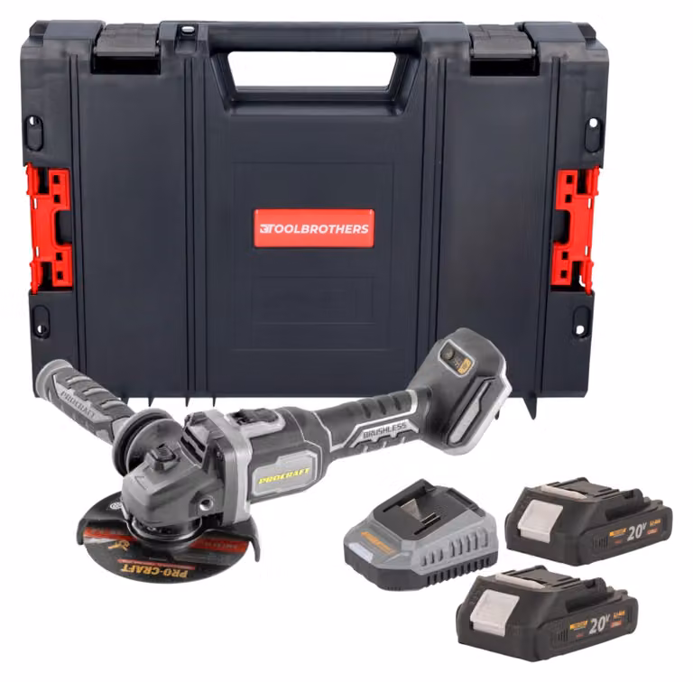 Smerigliatrice angolare a batteria Procraft Industrial AG125Bbb 20 V 125 mm Brushless + 2x batteria 2,0 Ah + caricabatteria + valigetta portautensili RHINO