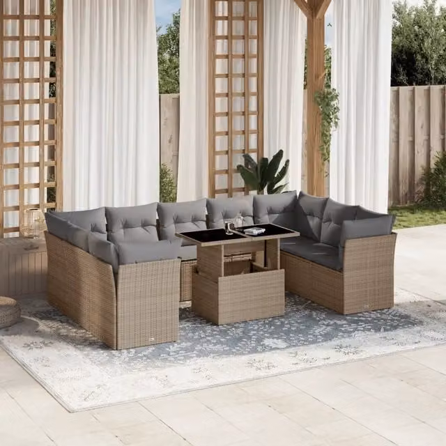 Set Divano da Giardino L-Shape vidaXL in Polyrattan con Cuscini Beige e Grigio e Tavolino da Caffè – 1