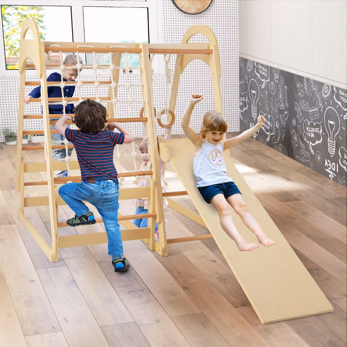 Costway Set di arrampicata in legno per bambini con scivolo e anelli da ginnastica, Colore Naturale/Marrone/Bianco