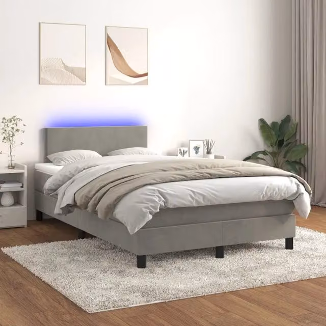 Letto matrimoniale con materasso ibrido vidaXL in velluto grigio chiaro con illuminazione LED e porta USB L/P/H: 120 x 200 cm