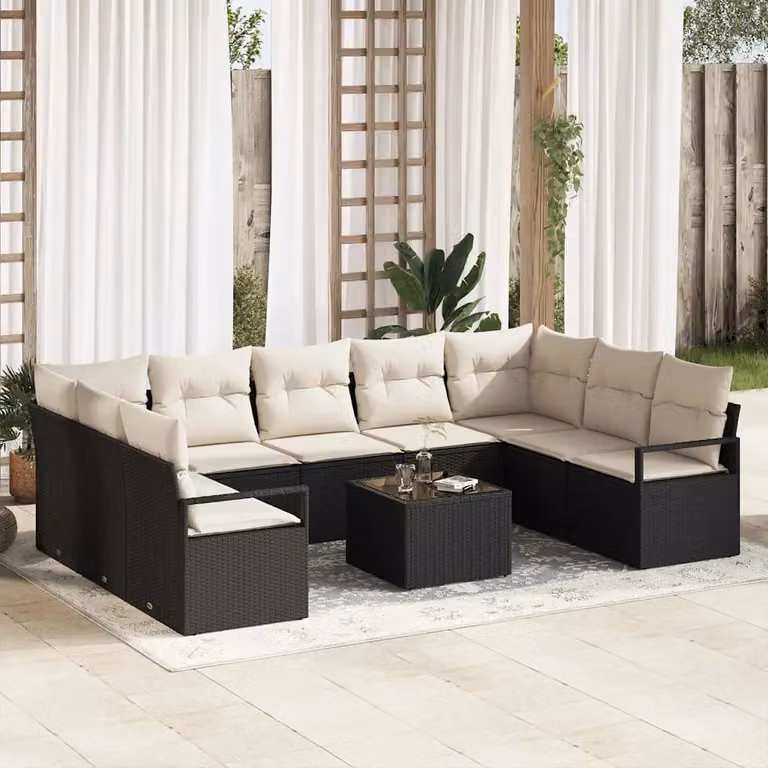 Set di divani da giardino vidaXL a forma di U con cuscini beige e struttura in rattan nero e metallo