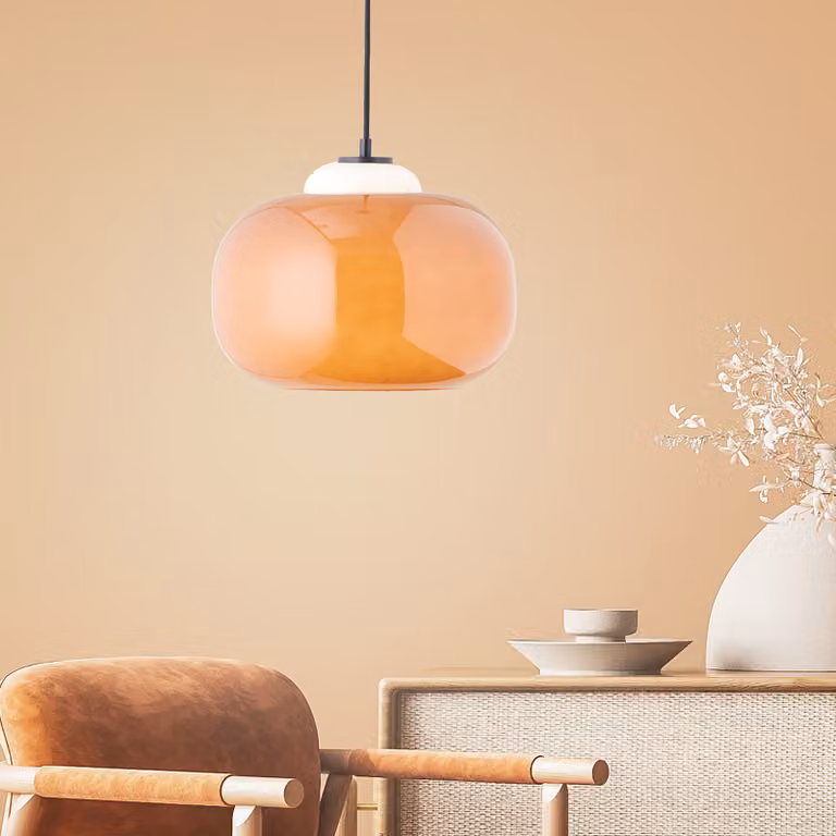 BRILLIANT: lampada a sospensione retrò dimmerabile con paralume in vetro arancione | elegante lampada a sospensione regolabile in altezza con cavo accorciabile | altezza max. 1,29 m e diametro 30 cm | attacco E27 max. 60 W | vetro/metallo
