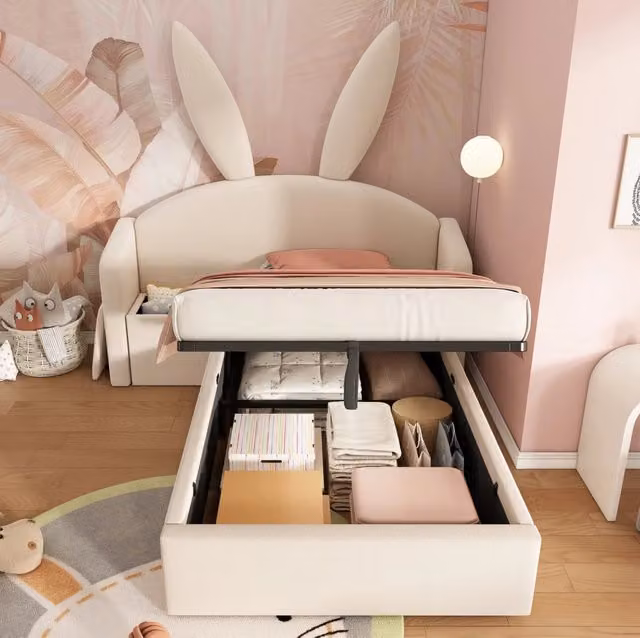 Letto imbottito per bambini 90x190 cm beige con testiera coniglietto, vano idraulico e comodino