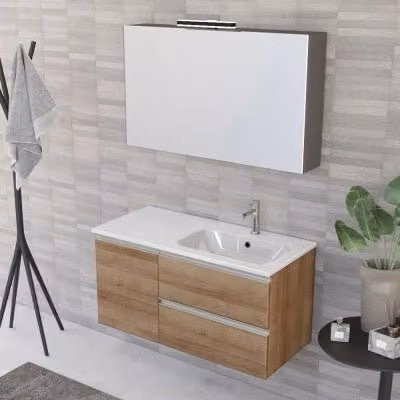 Mobile bagno sospeso Master INBAGNO rovere miele con lavabo a destra, cassetti, anta e specchio con illuminazione LED, L: 100 cm