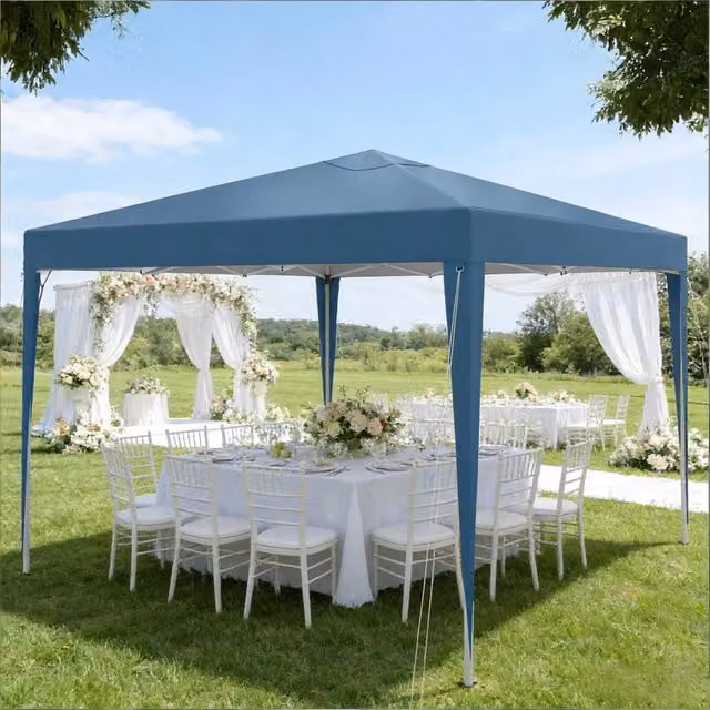 Gazebo da giardino pieghevole OKWISH blu con protezione da sole e pioggia in telo Oxford L/P: 3 x 3 m