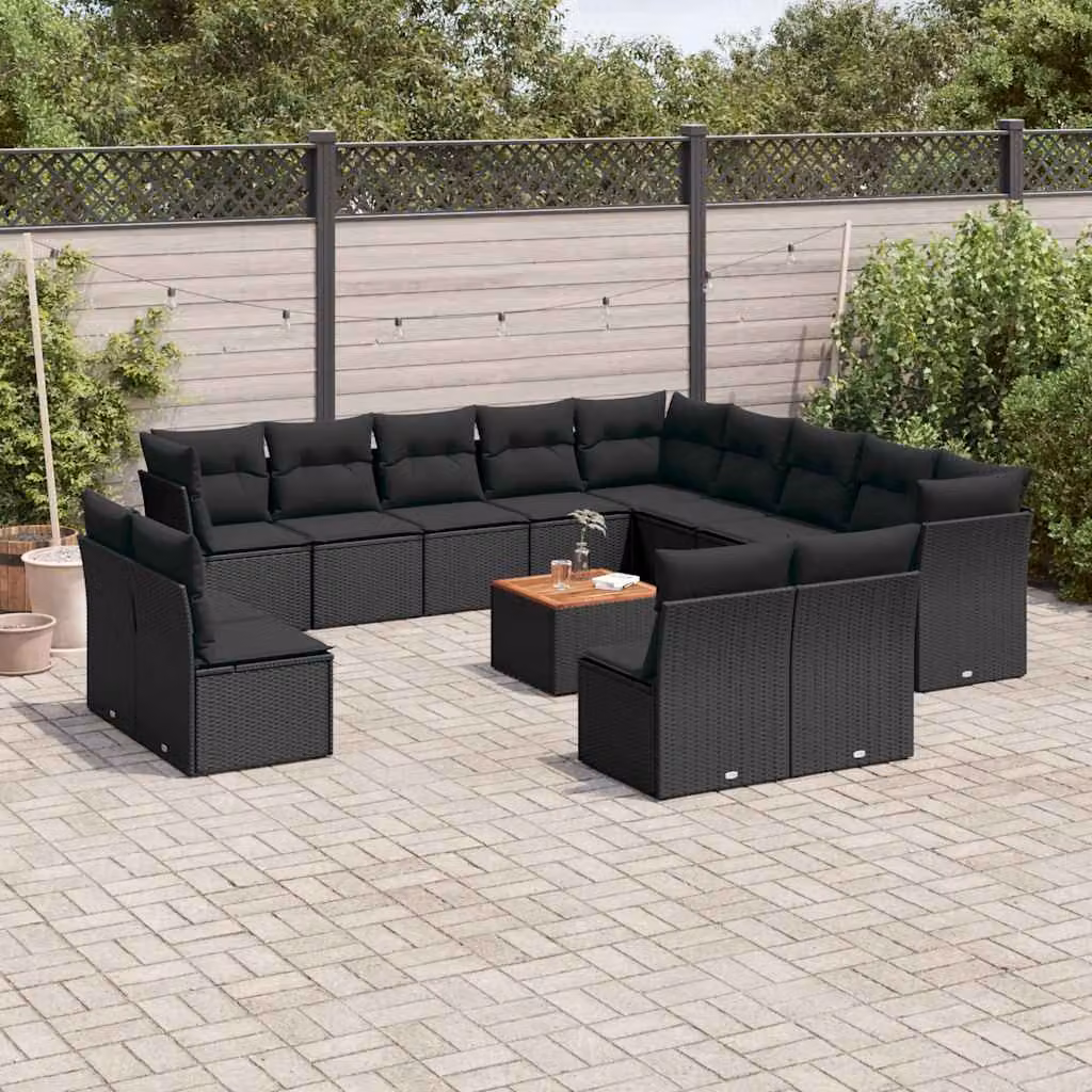 Set di divani da giardino vidaXL a forma di L in polyrattan nero con cuscini e tavolino da esterno – 1