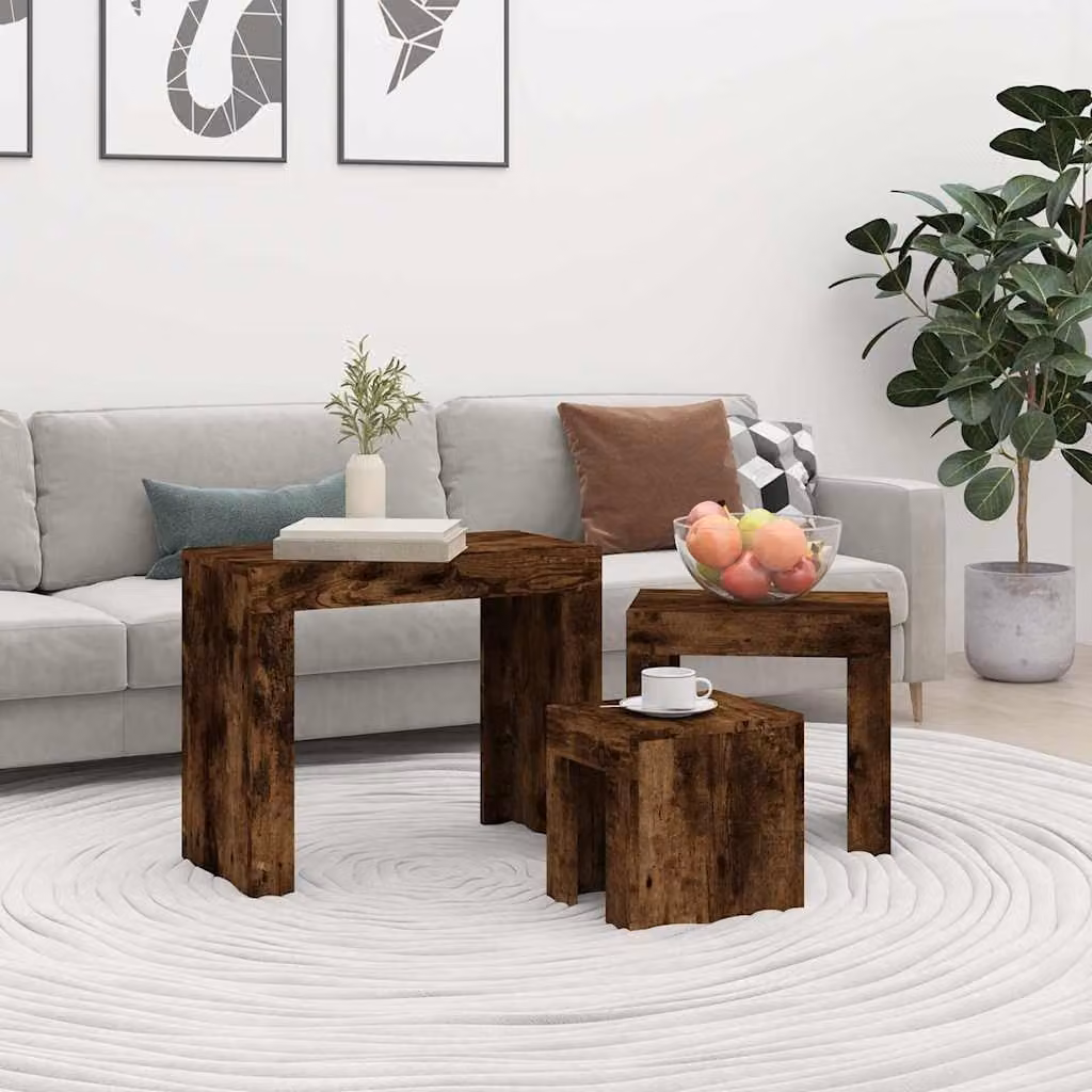 Set di 3 tavolini impilabili vidaXL in legno multistrato e MDF, design moderno, colore rovere fumo marrone