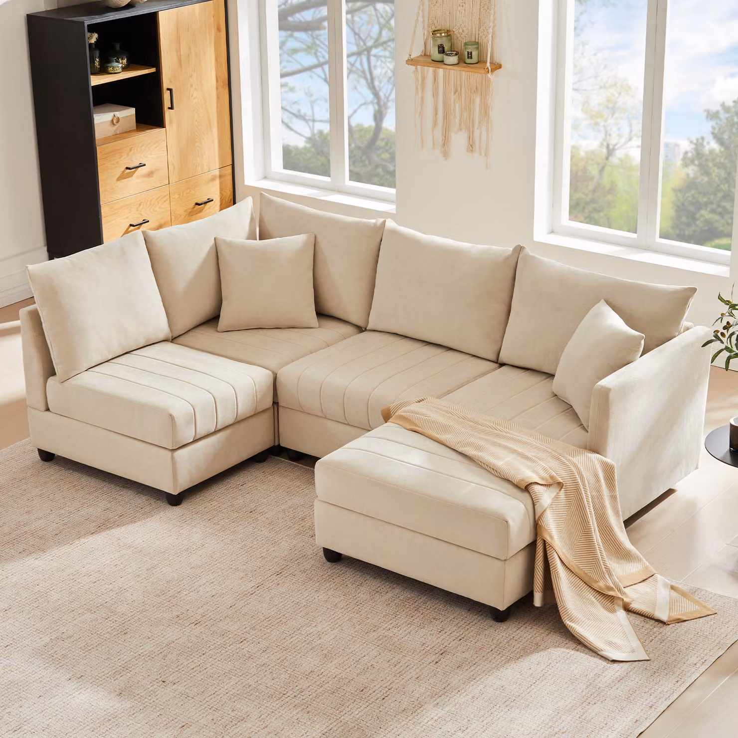 Divano angolare Merax 5 posti, divano letto con pouf trasformabile 1 pezzo, divano componibile a L/divano imbottito in cotone lino, beige