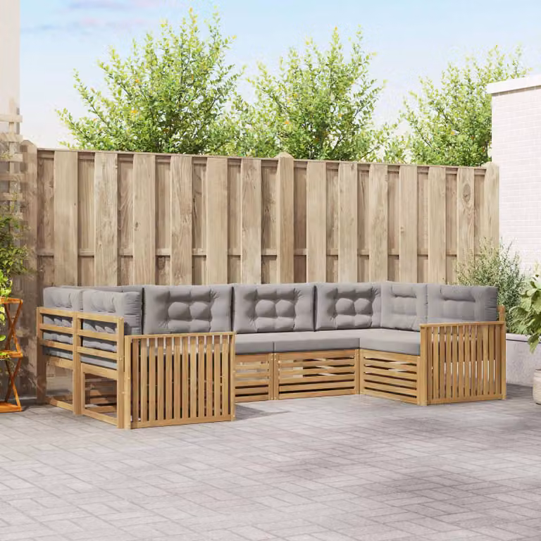 Set di divani da esterno vidaXL a forma di L composto da 6 pezzi in legno di acacia trattato, colore bianco e grigio chiaro