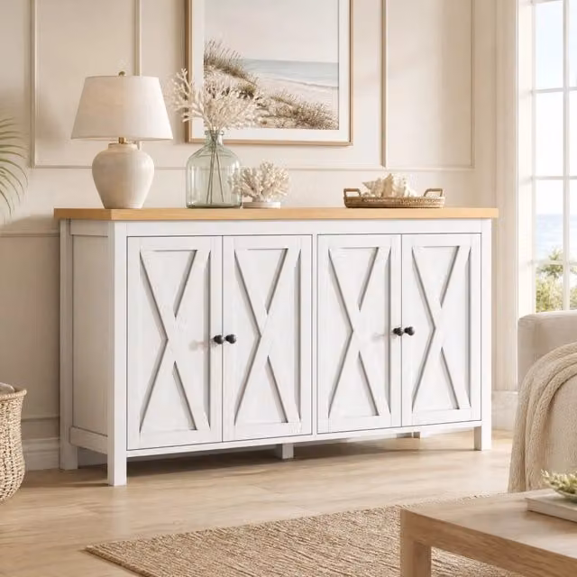 Credenza OKWISH in MDF con 4 ante e 2 ripiani regolabili per soggiorno, cucina o ingresso, bianca, L: 140 cm, P: 40 cm, H: 78 cm