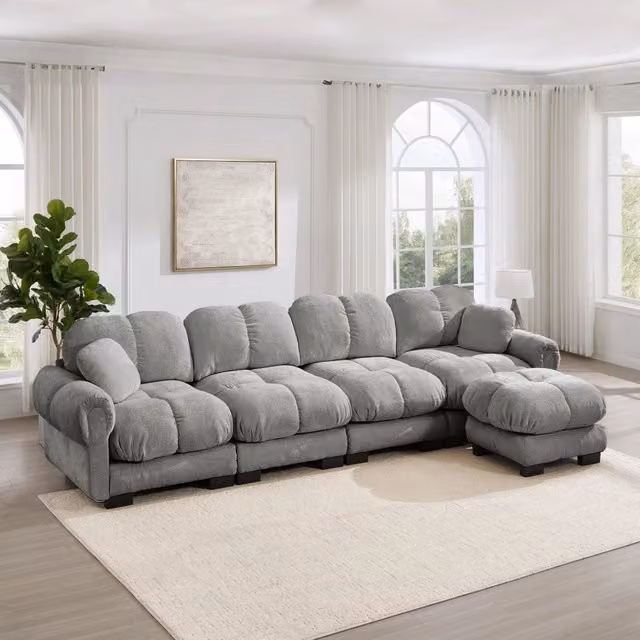 Divano modulare angolare 330x149x90 cm con pouf mobile in ciniglia grigio chiaro