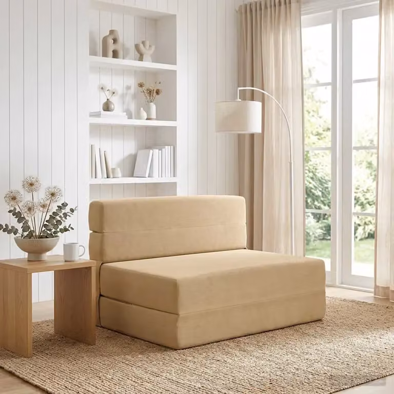 Divano letto singolo pieghevole moderno in tessuto verde grigio beige L: 100 cm, P: 80 cm, H: 60 cm