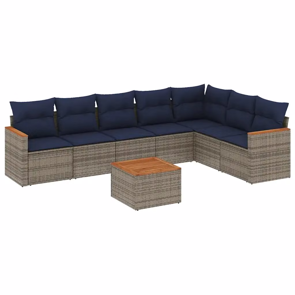 Set da giardino moderno vidaXL composto da 8 pezzi con divano a L, tavolino e cuscini in tessuto blu e grigio con struttura in metallo e legno di acacia – 2