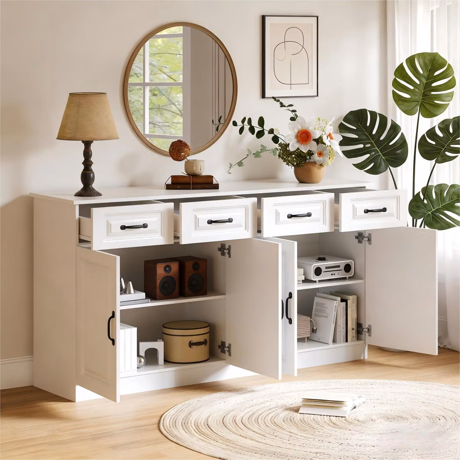 okwish Mobile da cucina/comodino con 4 cassetti e 4 ante, mobile contenitore con maniglie in metallo e 2 ripiani, design a listelli, colore bianco