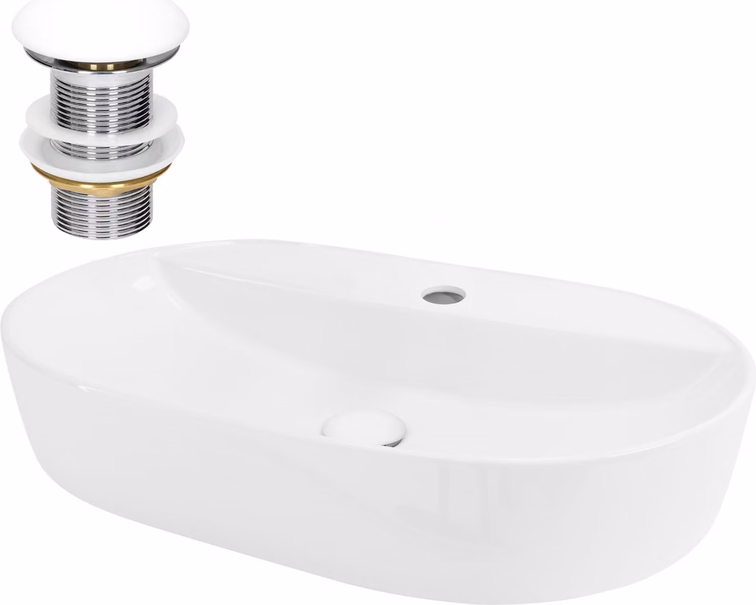 Lavabo LuxeBath Lavabo da appoggio ovale, 60x40x12 cm, bianco, in Vetroceramica, incl. set di scarico senza troppopieno