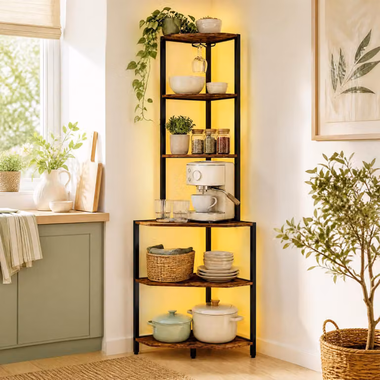 Scaffale angolare Costway con 6 ripiani regolabili e illuminazione LED integrata, mobile multiuso moderno in legno per cucina, soggiorno o camera da letto, Altezza: 165 cm