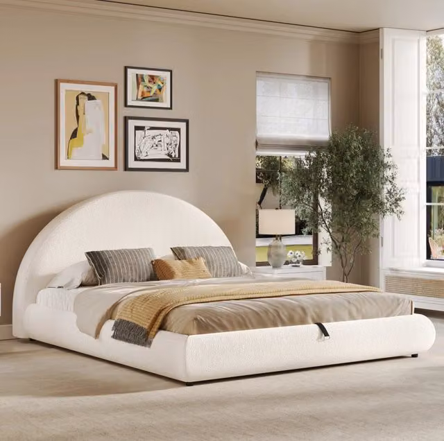 Letto matrimoniale contenitore 160 x 200 cm con sollevamento idraulico; rete a doghe e rivestimento bouclé bianco