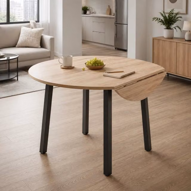 Tavolo da pranzo ULEVR 100x100 cm con piano rotondo a doppia ribalta, MDF effetto rovere, per 2-4 persone