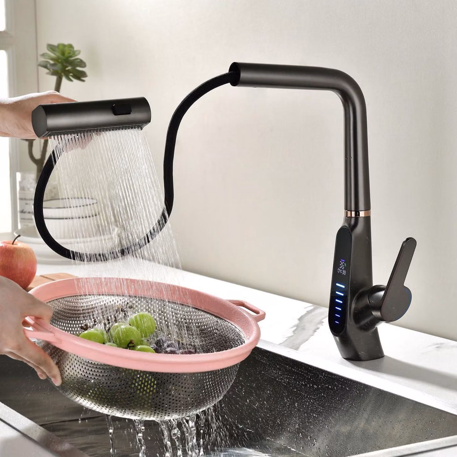Miscelatore da cucina estraibile, con display LED, 3 modalità, rotazione a 360°, finitura in rame