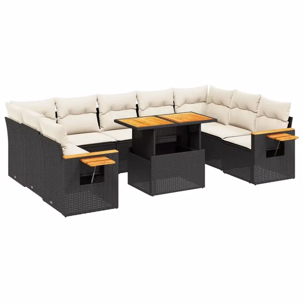 vidaXL Set Divani da Giardino a Forma di U in Polyrattan Nero con Cuscini e Tavolino da Esterno – 2