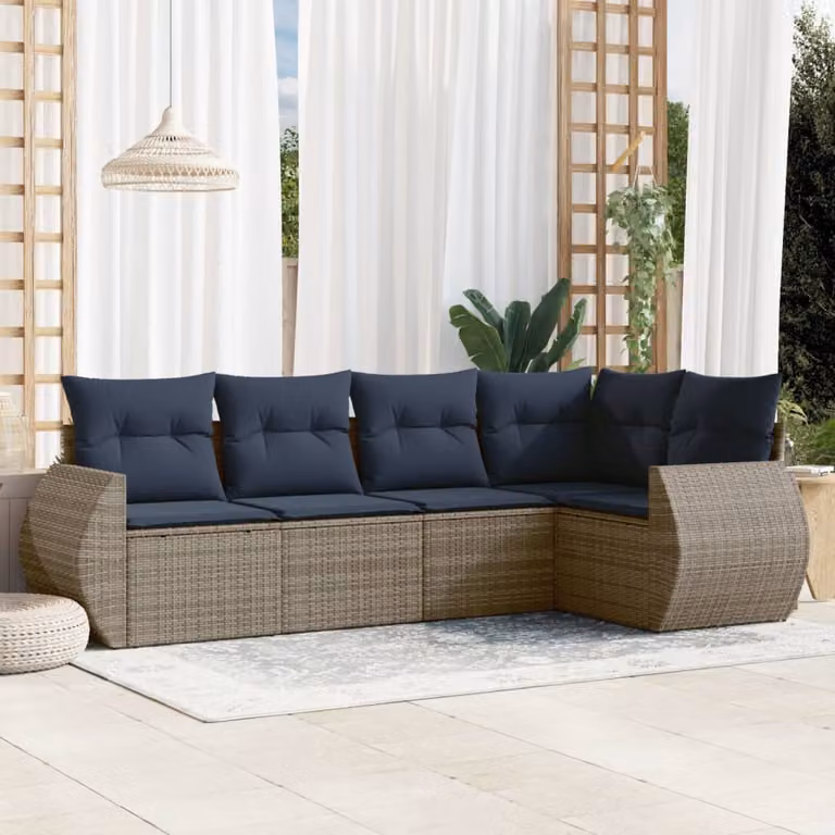 Set di divani da giardino vidaXL a forma di L composto da 5 pezzi con cuscini in polyrattan e struttura in metallo, colore grigio e blu