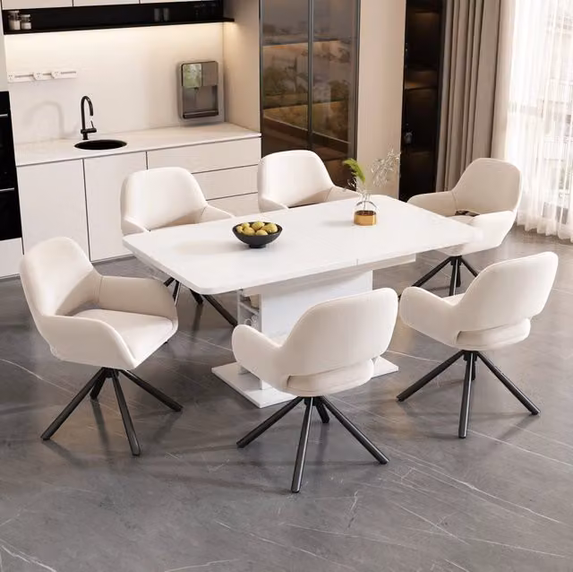 Set di 6 sedie da pranzo girevoli con braccioli in velluto beige; struttura in metallo