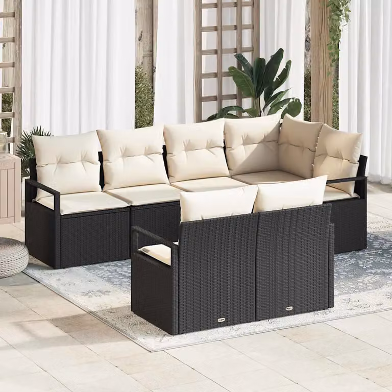 Set di divani da giardino a L vidaXL in rattan nero con cuscini beige e struttura in acciaio