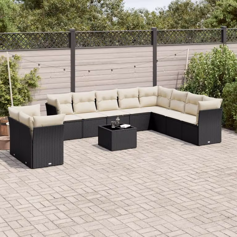 vidaXL Set Divani da Giardino 11 pz a Forma a L con Cuscini e Tavolino da Caffè Nero
