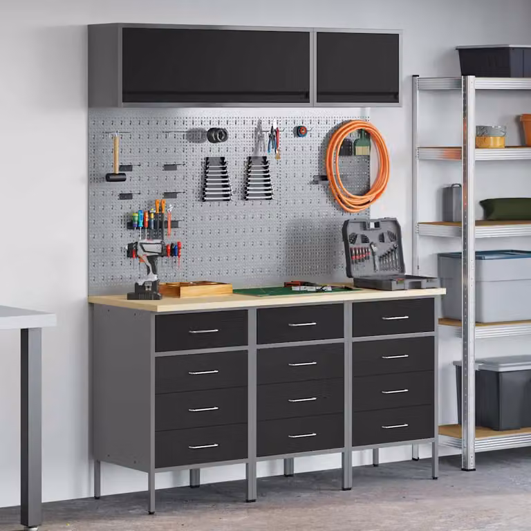 Set di mobili da lavoro vidaXL 8 pezzi in acciaio e legno con ante e cassetti, Nero