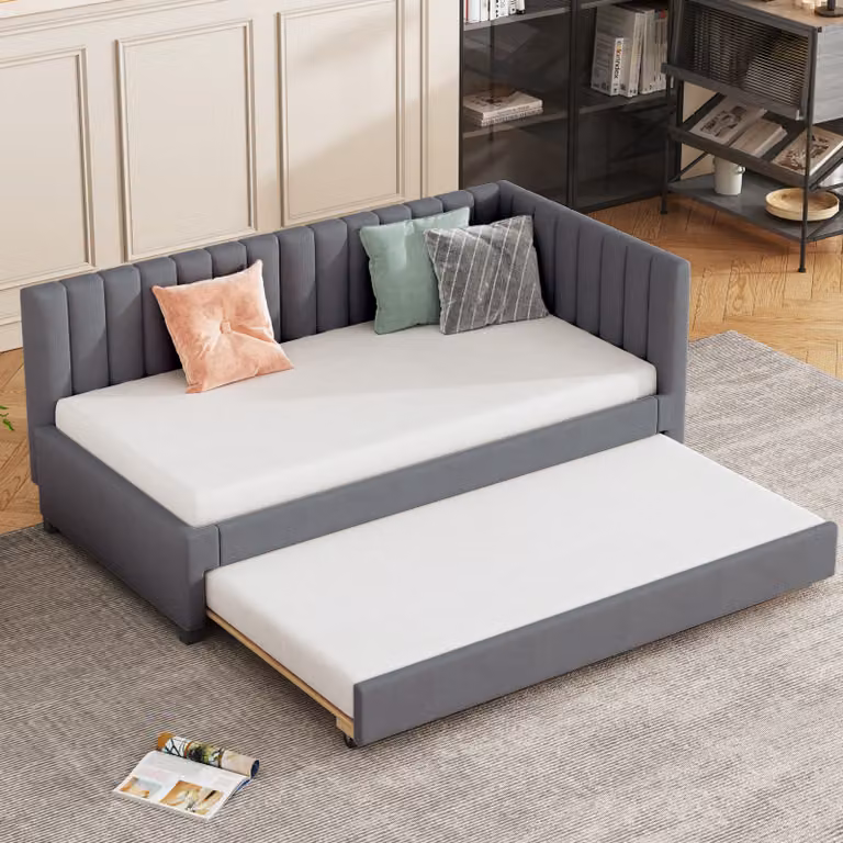 Divano letto STILVORA 90x200, ideale come letto diurno, con cassetto contenitore estraibile, struttura in tessuto vellutato, schienale a righe verticali, senza materasso, colore grigio
