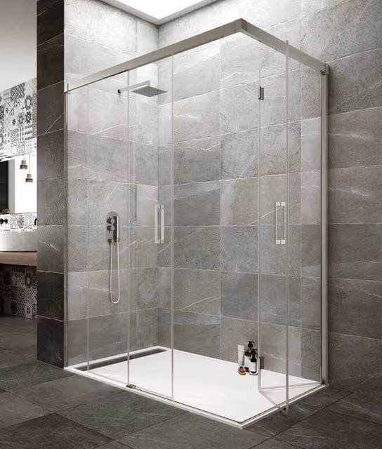 Box doccia angolare rettangolare DUCHA TANDEM con vetro trasparente e finitura cromo lucido L/P: 140 x 75 cm