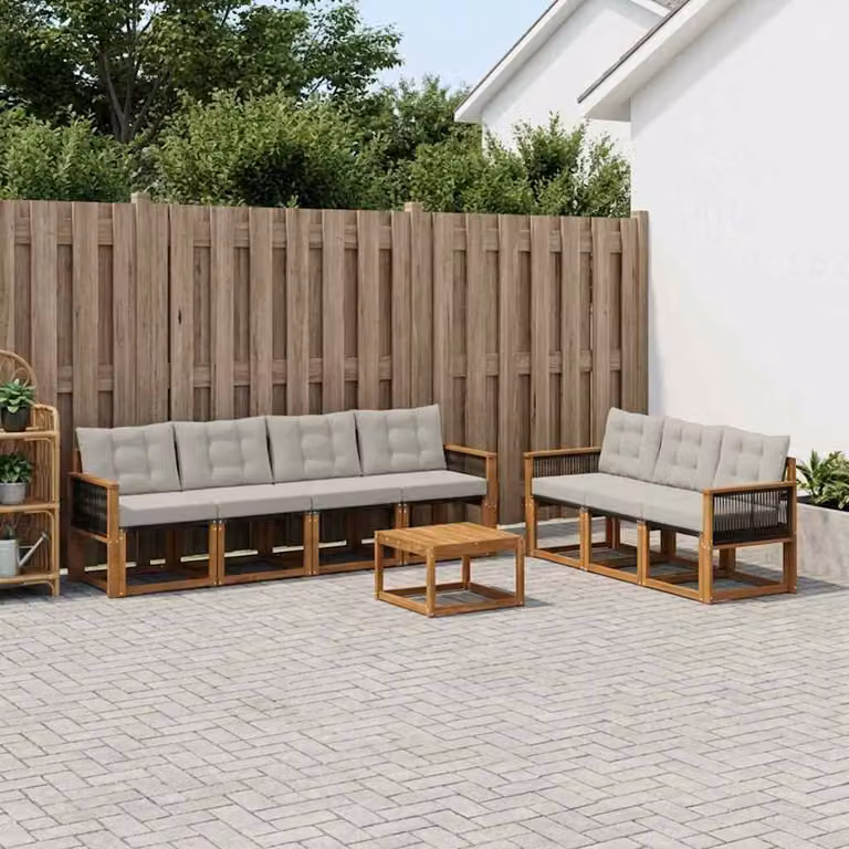 vidaXL Set di divani da esterno 8 pz in legno di acacia con tavolino e cuscini, Grigio e Beige