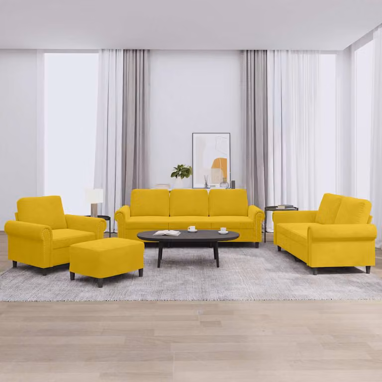 Set di divani 4 pezzi vidaXL in velluto giallo con pouf e cuscini per soggiorno moderno