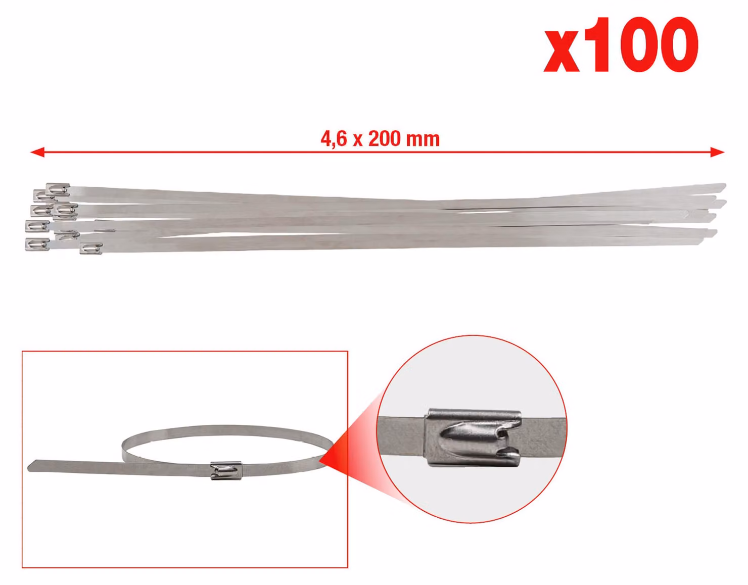 KS TOOLS Fascette in acciaio inox con chiusura a sfera 4,6 x 200 mm 100 pz. - 115.1591