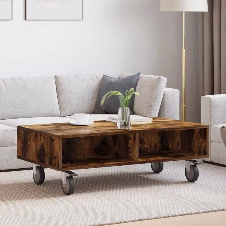 vidaXL Tavolino con Ruote in Rovere Fumé Marrone L: 90 cm, P: 50 cm, H: 30 cm