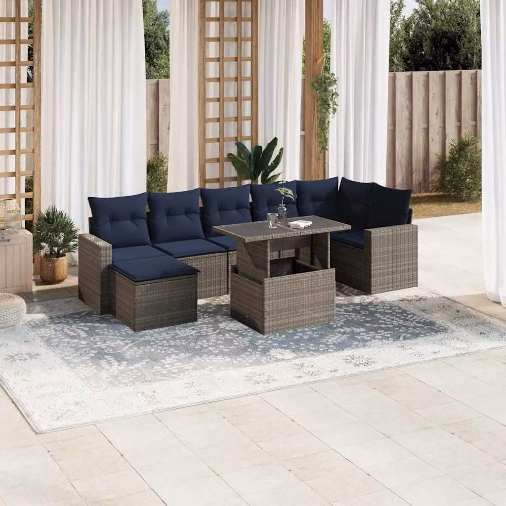 Set di divani da giardino vidaXL in polyrattan grigio con cuscini, tavolino e pouf per esterno