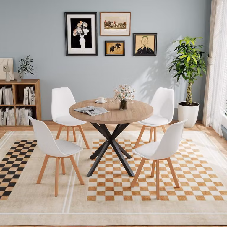 Set da pranzo composto da tavolo rotondo e 4 sedie, colore marrone chiaro/bianco, dimensioni 100x100x75 cm