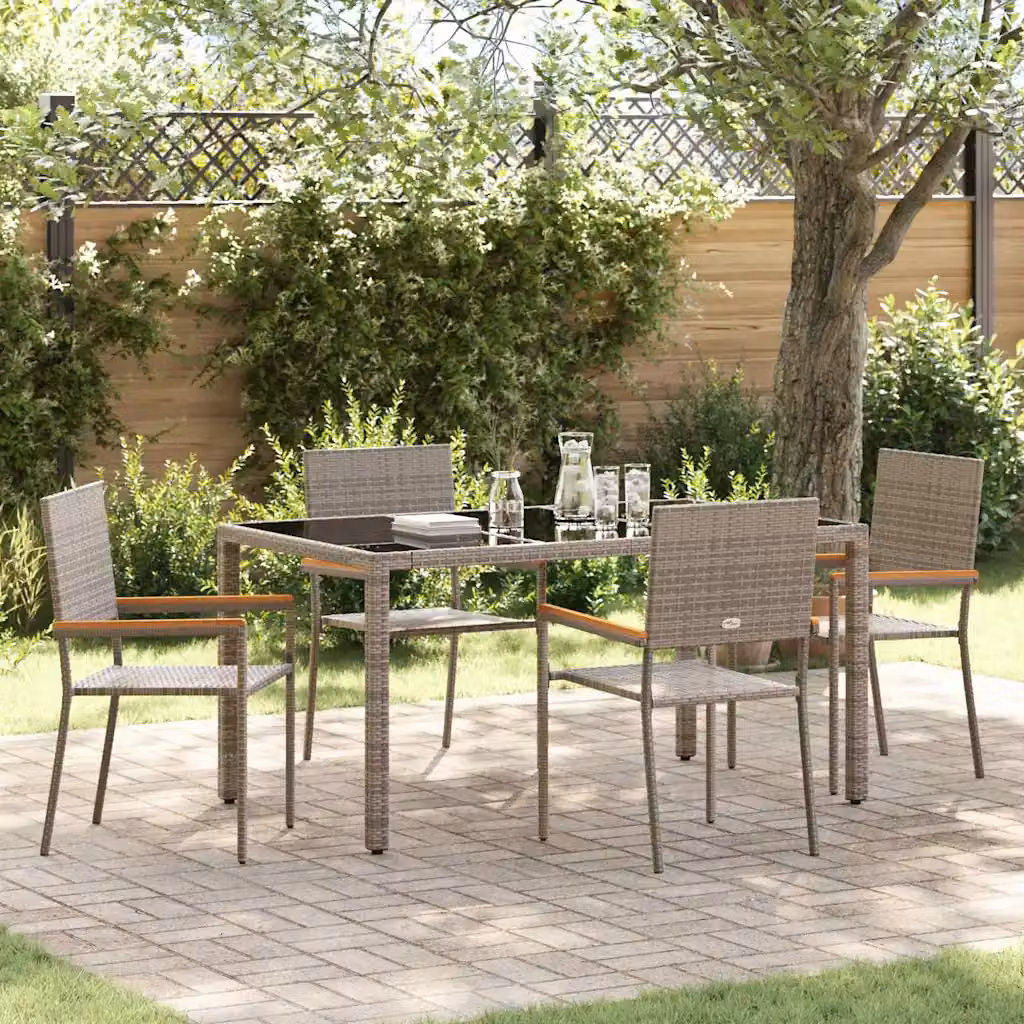 Set da pranzo per giardino vidaXL in polyrattan e legno di acacia con piano in vetro, 5 pezzi, Grigio e Marrone – 1