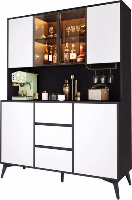 Vetrina alta nero-bianco con 3 cassetti, porta in vetro e portabicchieri dorato. Illuminazione LED regolabile via app. Mobile per soggiorno, cucina o sala da pranzo