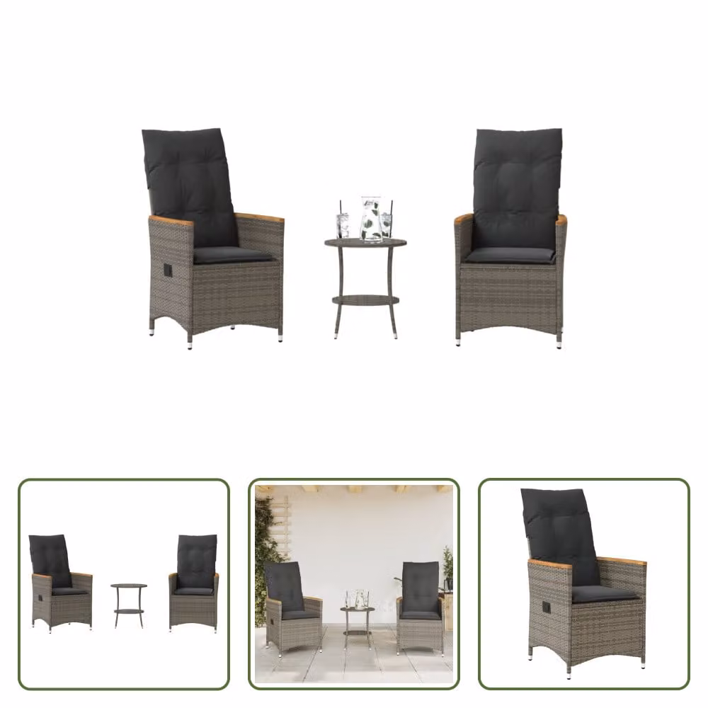 The Living Store Set bistrot 3 pezzi con cuscini in poly rattan grigio
