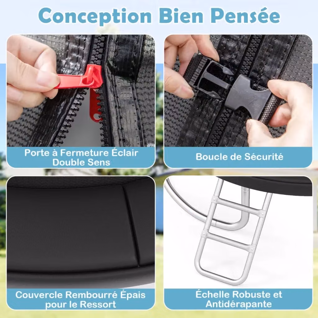 Trampolino da esterno con rete di sicurezza in acciaio zincato e PVC, diametro 305 cm, colore nero – 2