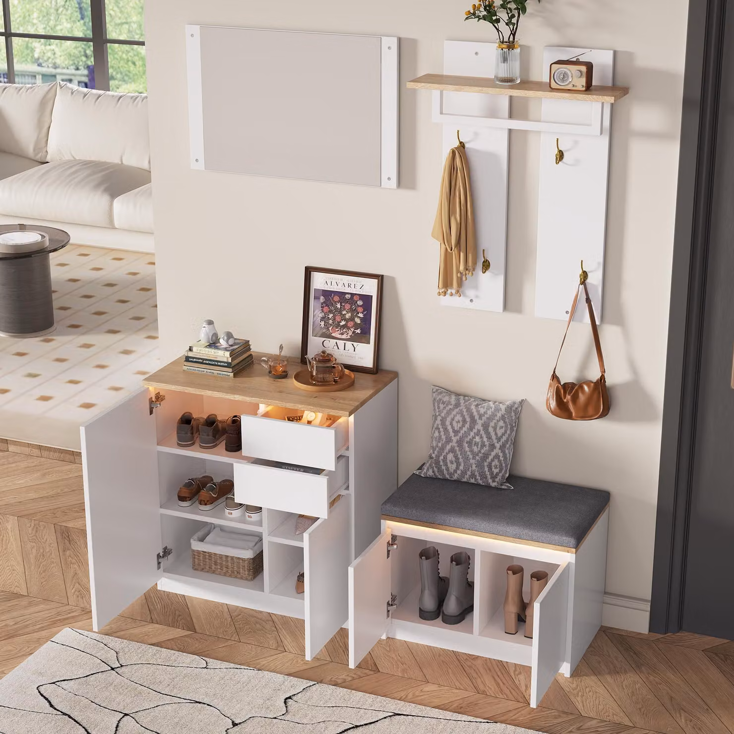 Set moderno per guardaroba con illuminazione a LED e specchio, armadio d'ingresso con spazio per scarpe e ganci, ideale per l'ingresso o il corridoio, colore bianco